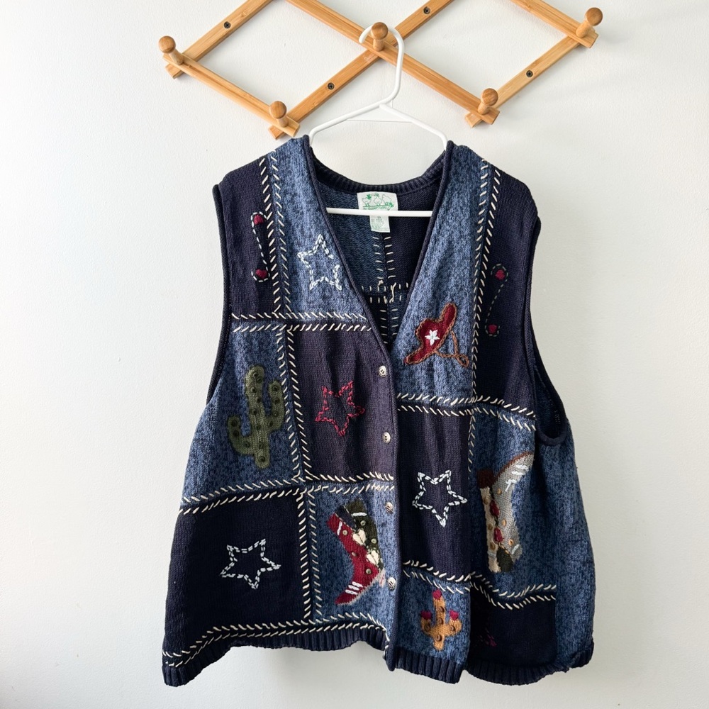 Vintage Quacker Factory western theme patchwork sweater vest 3X